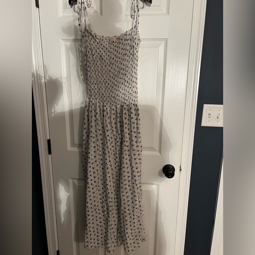 Rebecca Taylor Cream and Blue Floral Poplin Smocked Dress